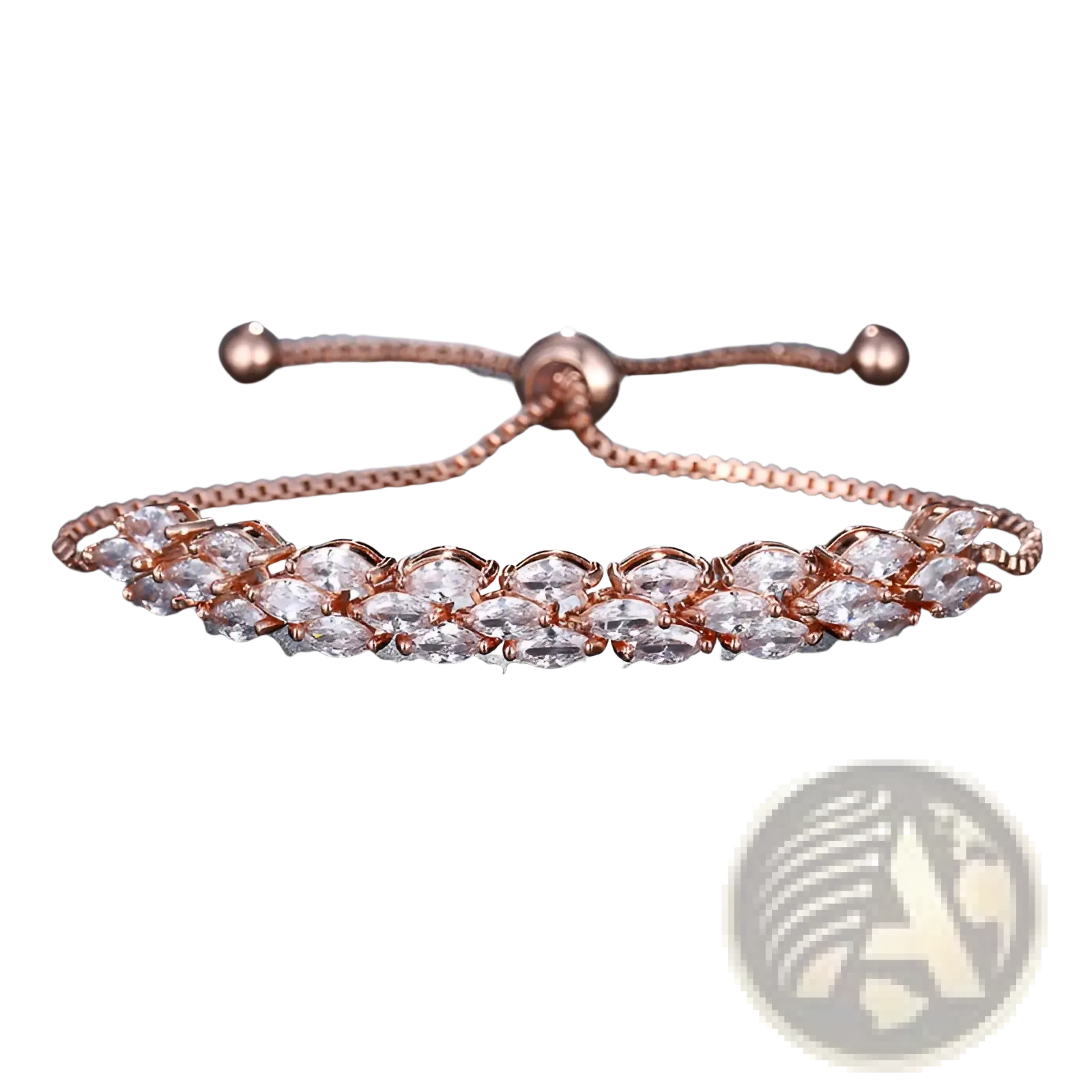 Rose gold tennis bracelet with clear oval-cut crystals and adjustable sliding beads in polished silver setting