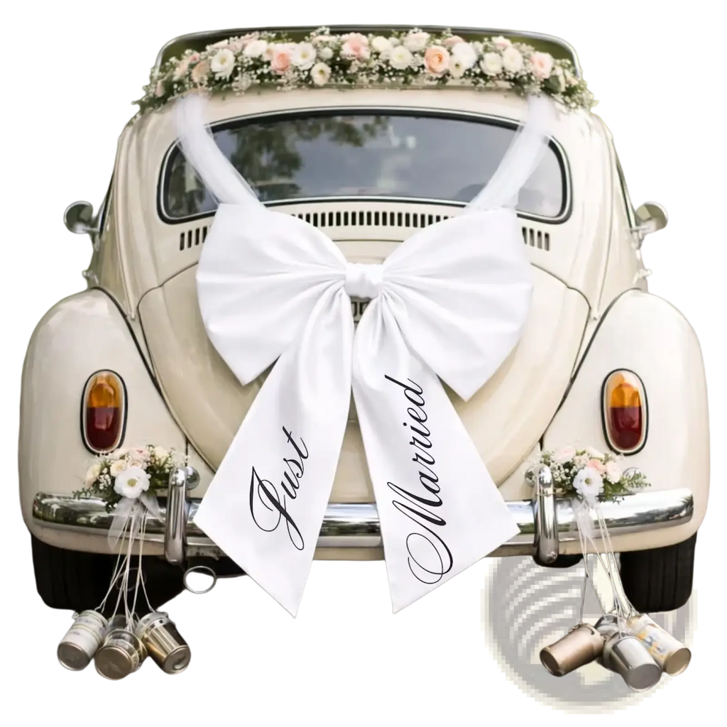 The back side of a cream vintage Volkswagen Beetle features a large white satin just married car bow wedding decoration
