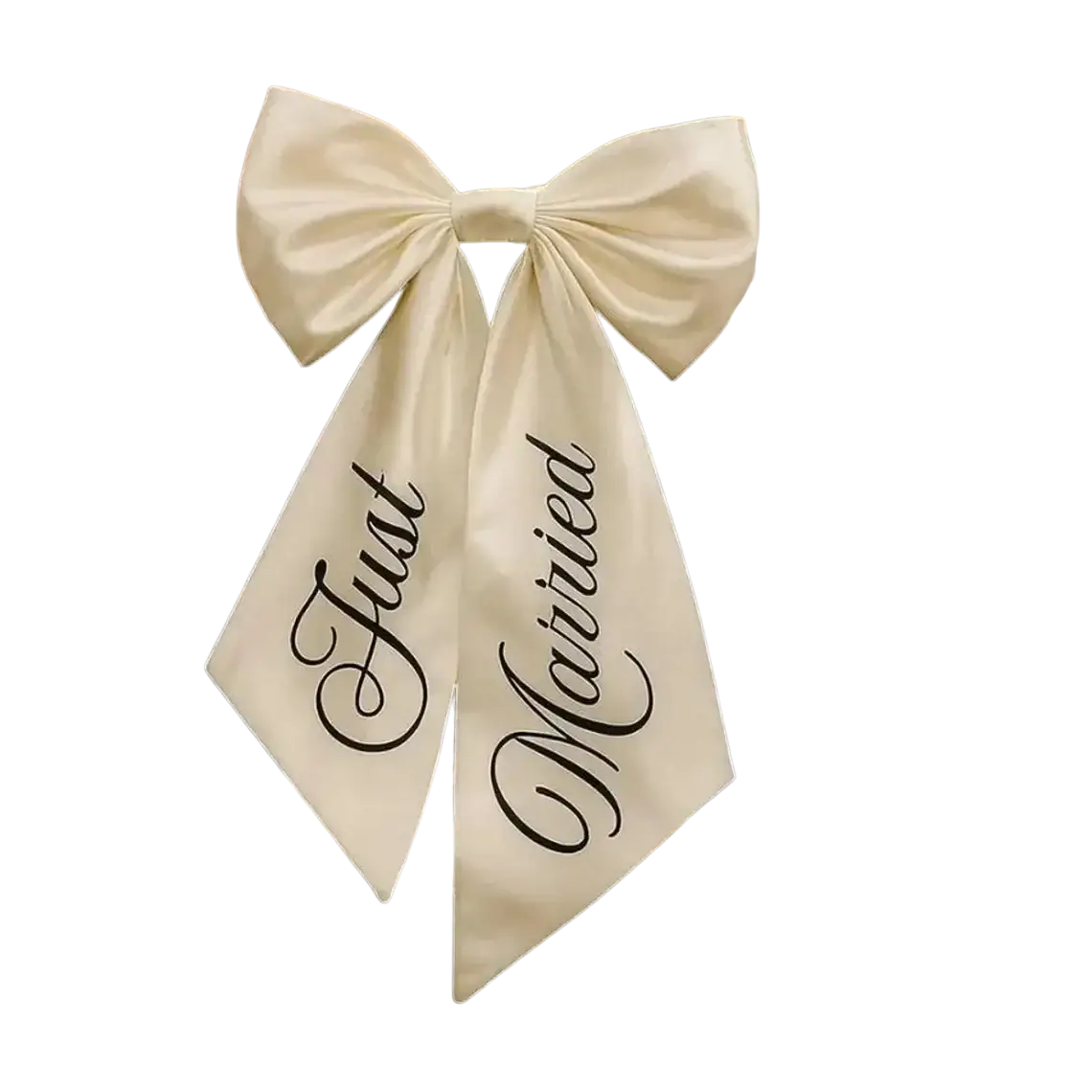 Cream satin just married car bow with black scripted text tied to a front bumper wedding decoration