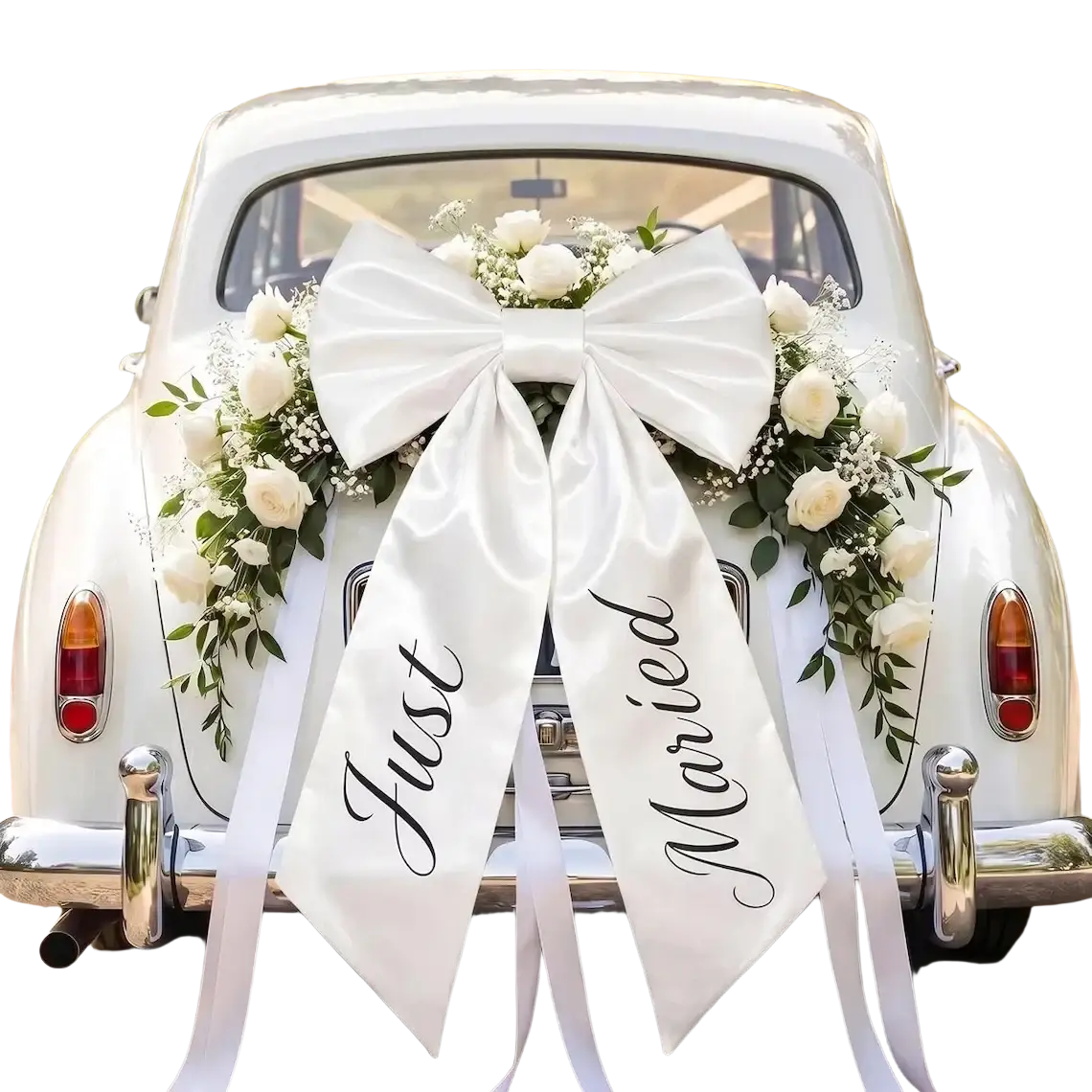Just married car bow satin wedding decoration featuring a large white satin bow with white roses and greenery