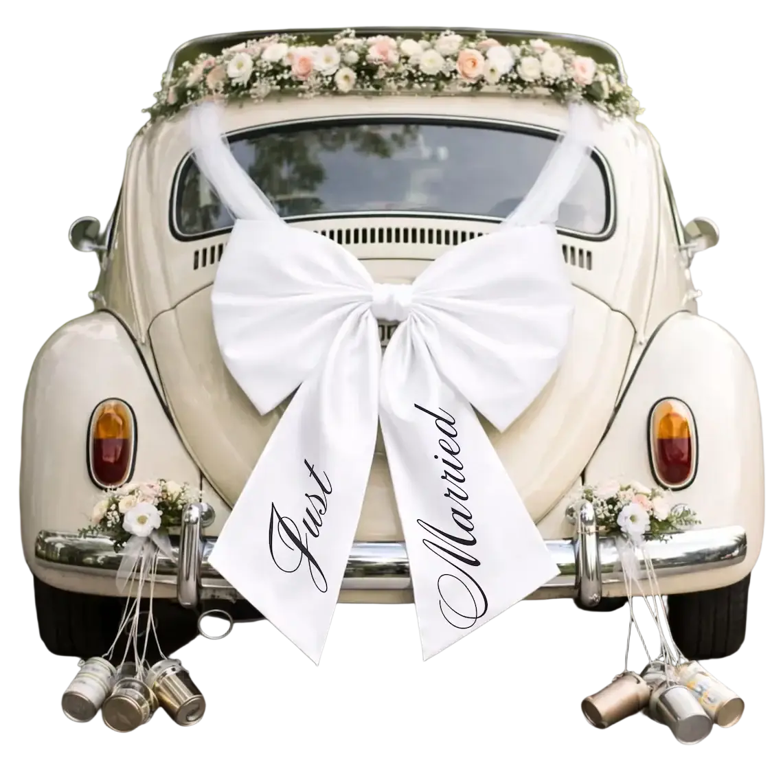 The back side of a cream vintage Volkswagen Beetle features a large white satin just married car bow wedding decoration
