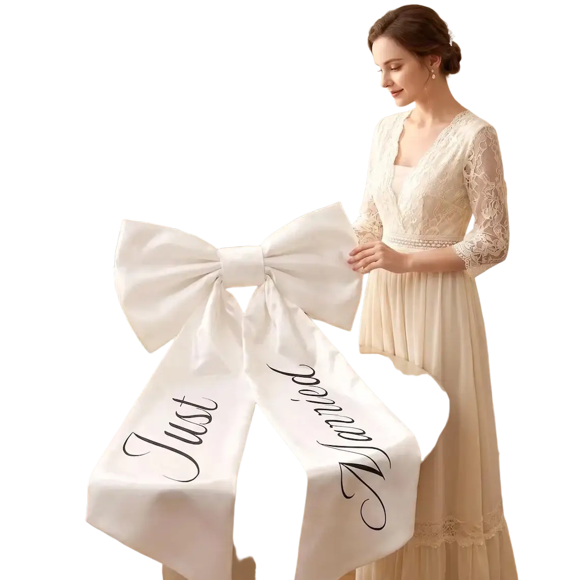A large white satin just married car bow with elegant black cursive script for wedding decoration