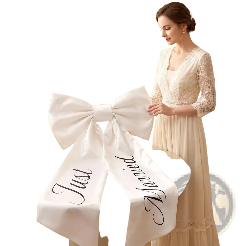 A large white satin just married car bow with elegant black cursive script for wedding decoration