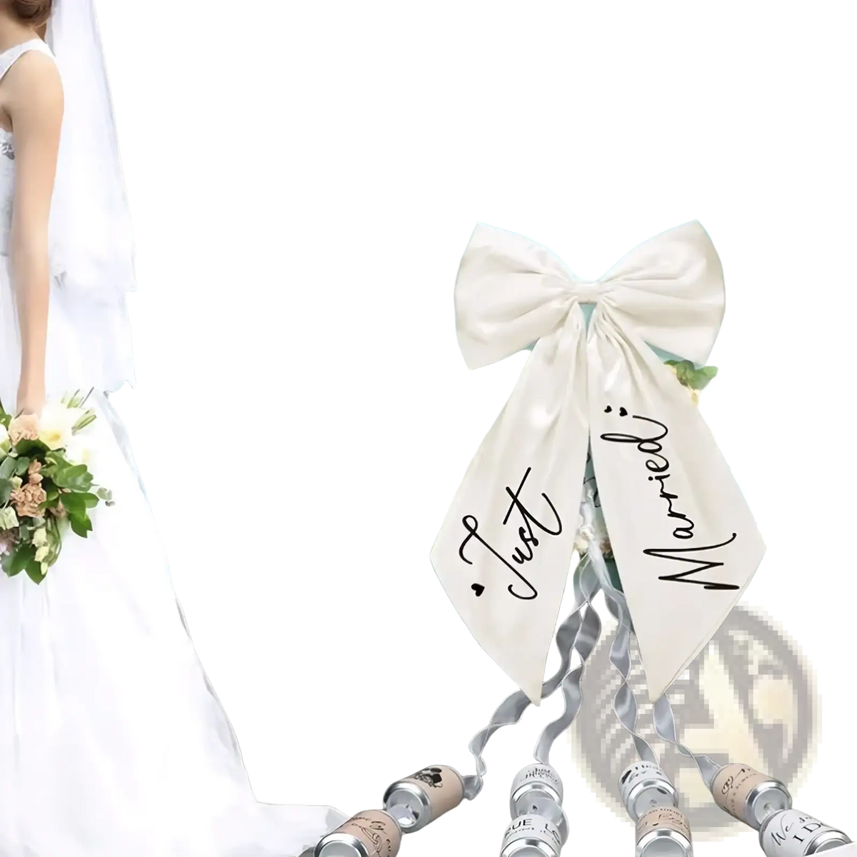 A cream-colored satin just married car bow with black cursive tied to the back of a turquoise vintage car