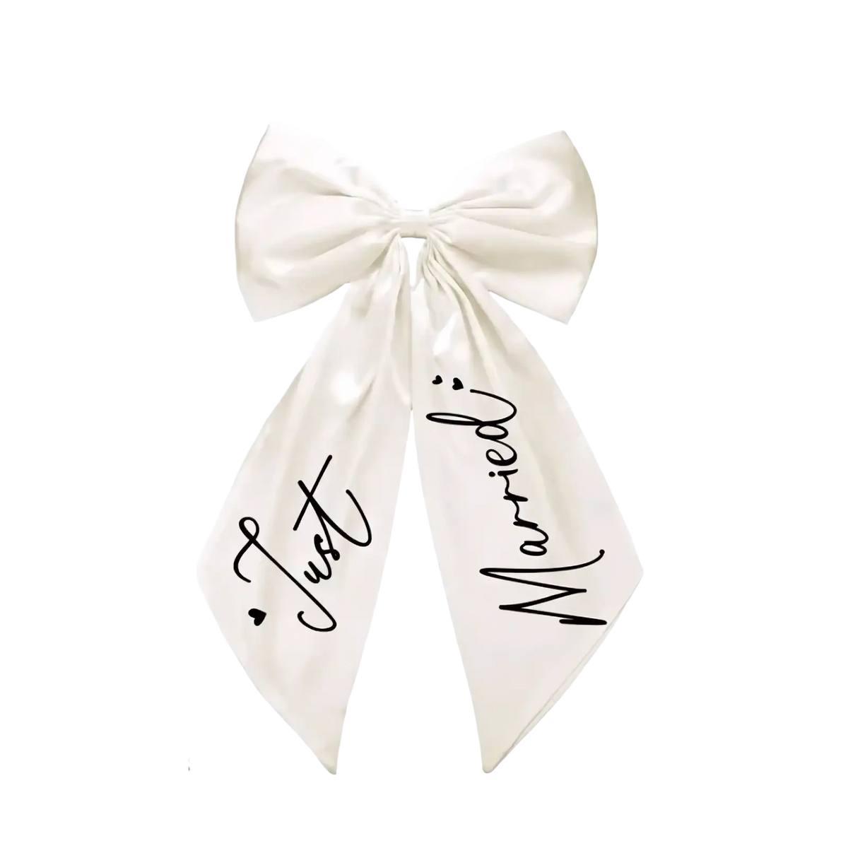 Just married car bow wedding decor with cream satin material and black cursive script on the ribbons