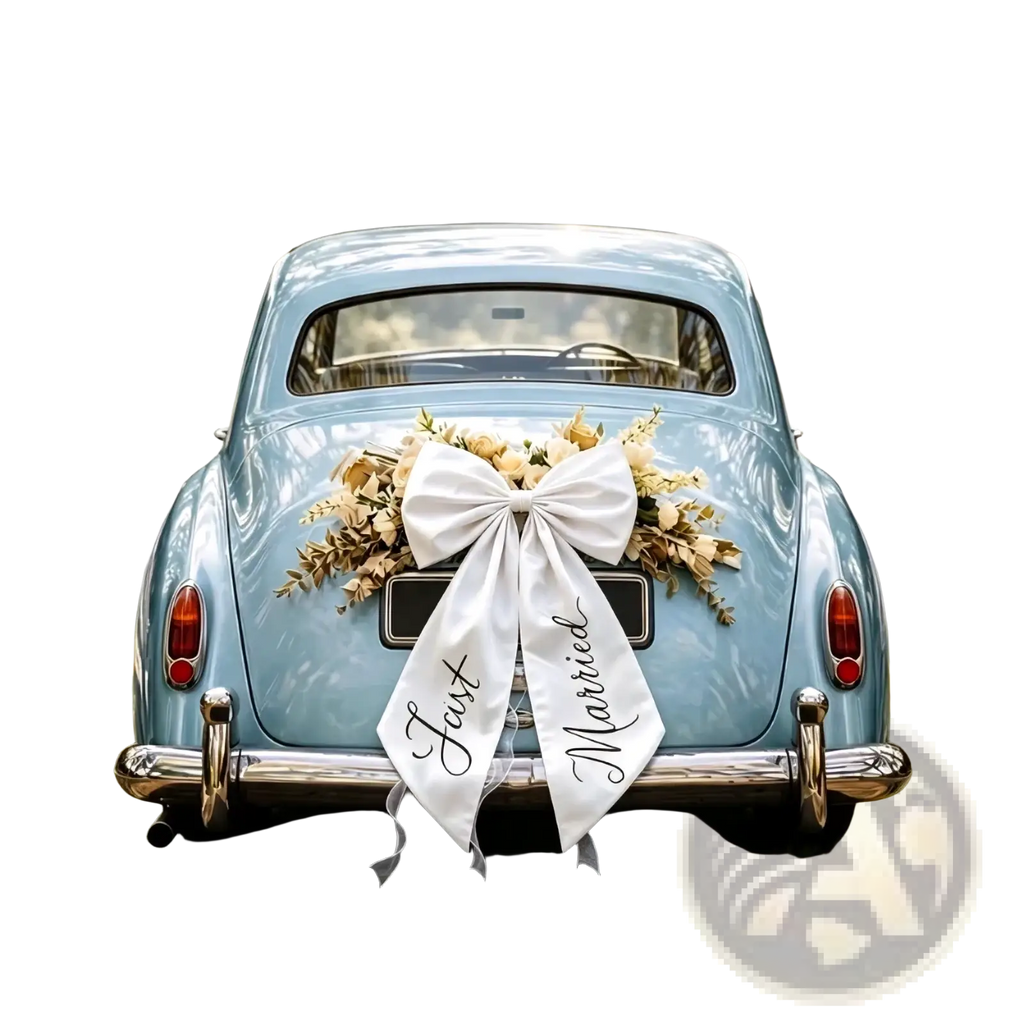 A light blue vintage car decorated with a large white just married car bow and floral wedding decor on the back