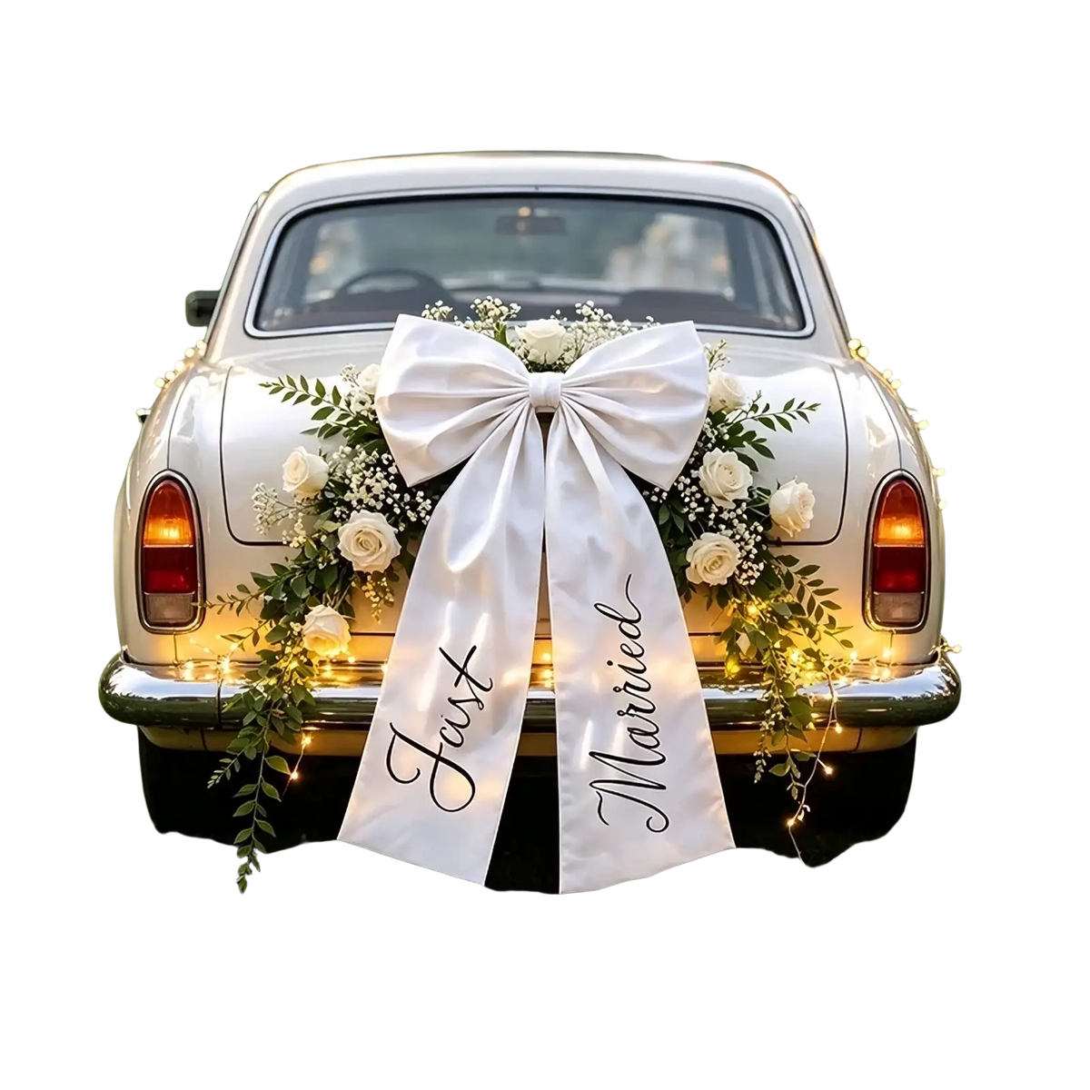 Just married car bow wedding decor featuring a white satin bow with black cursive and ivory roses with greenery