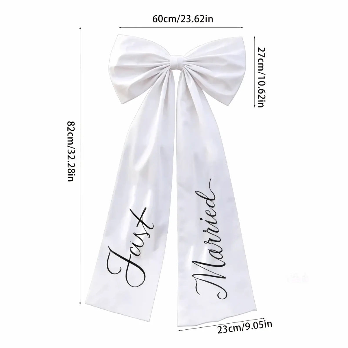 White satin car sash with large bow and just married in black cursive for wedding decor