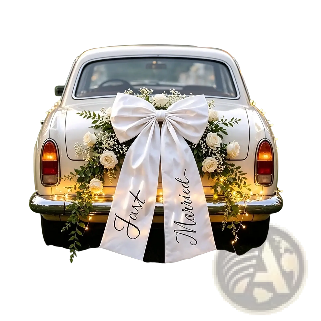 Just married car bow wedding decor featuring a white satin bow with black cursive and ivory roses with greenery