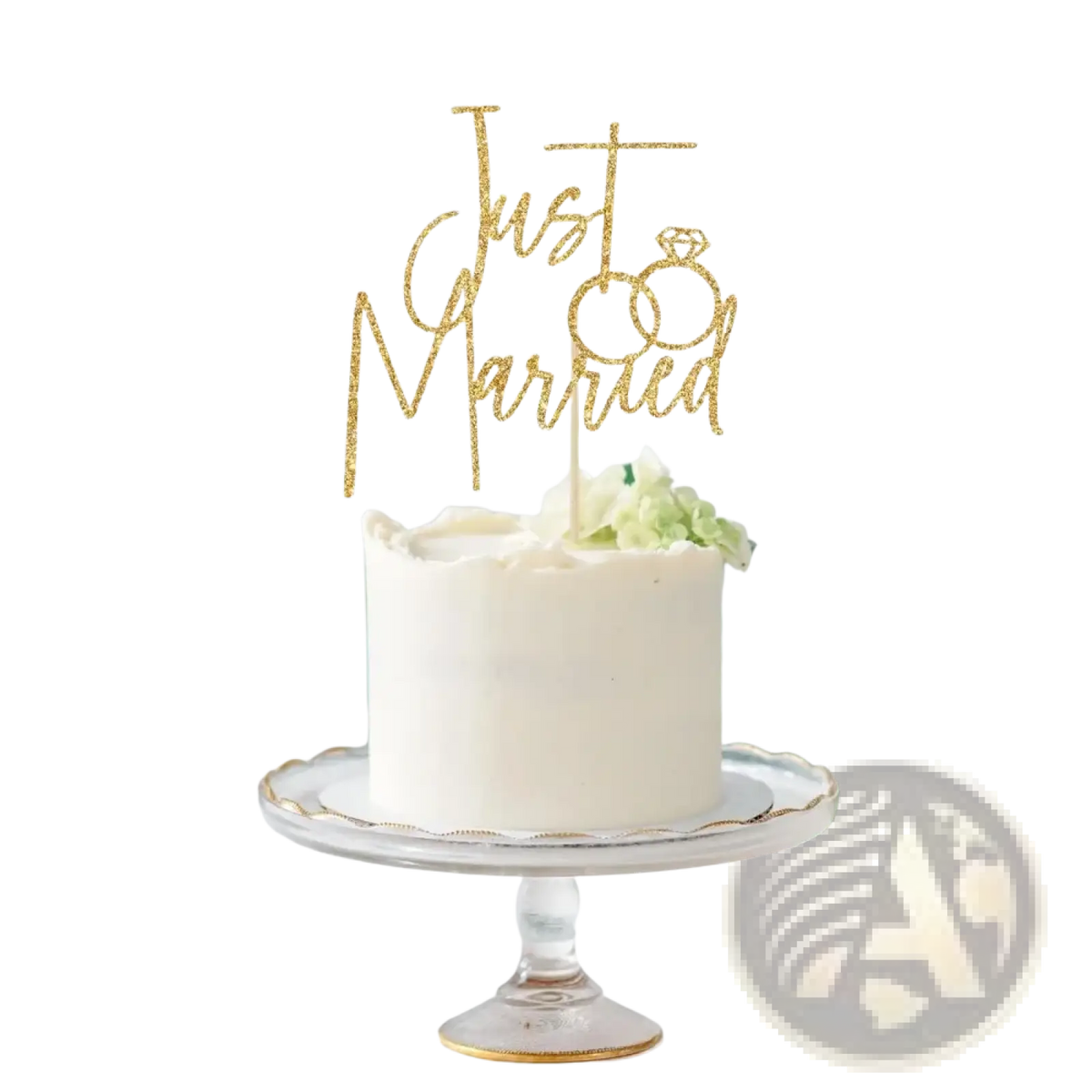 Just married gold glitter cake topper featuring a ring design for wedding cake decoration