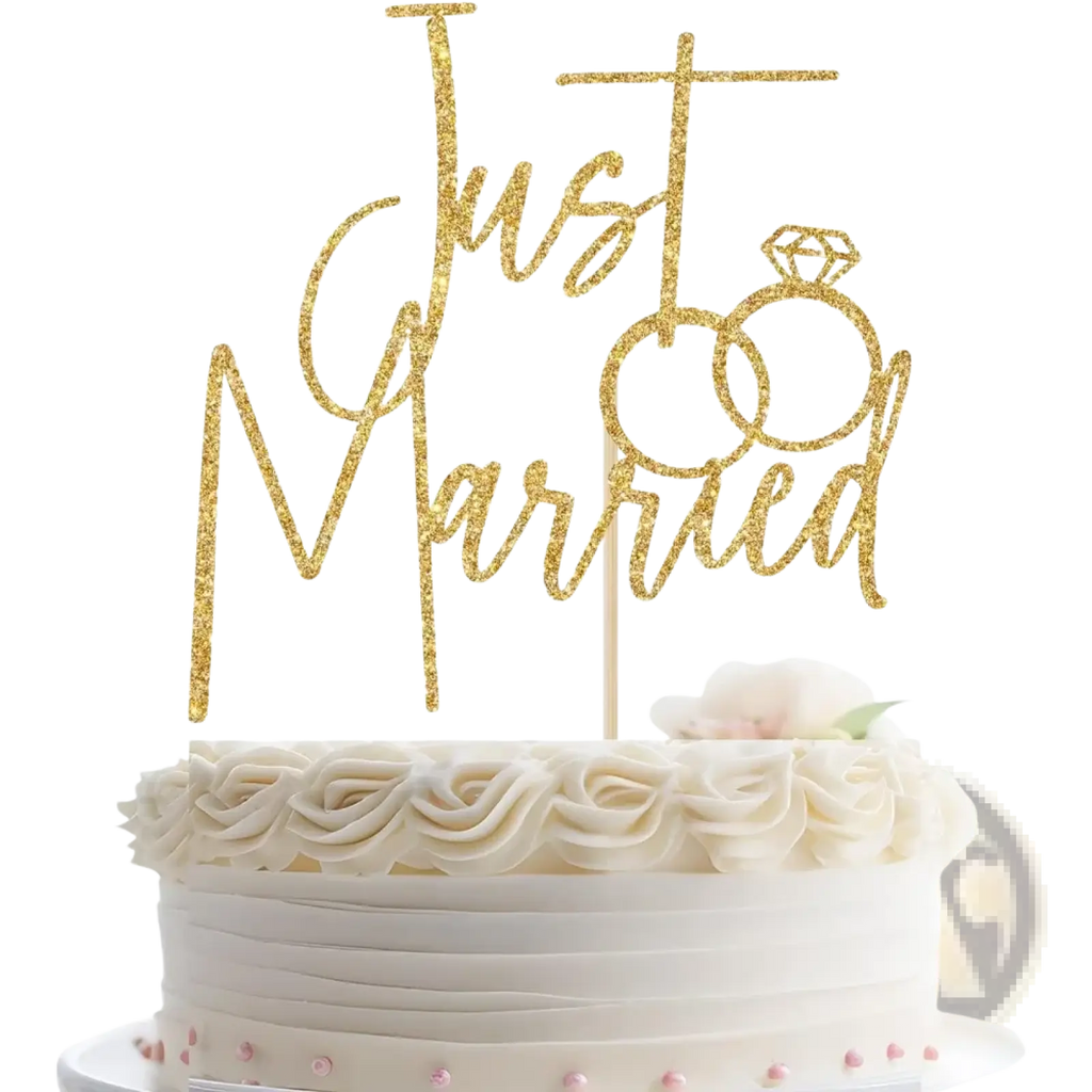 Just married gold glitter cake topper with interlocking rings design for wedding celebration decor