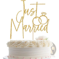 Just married gold glitter cake topper with interlocking rings design for wedding celebration decor