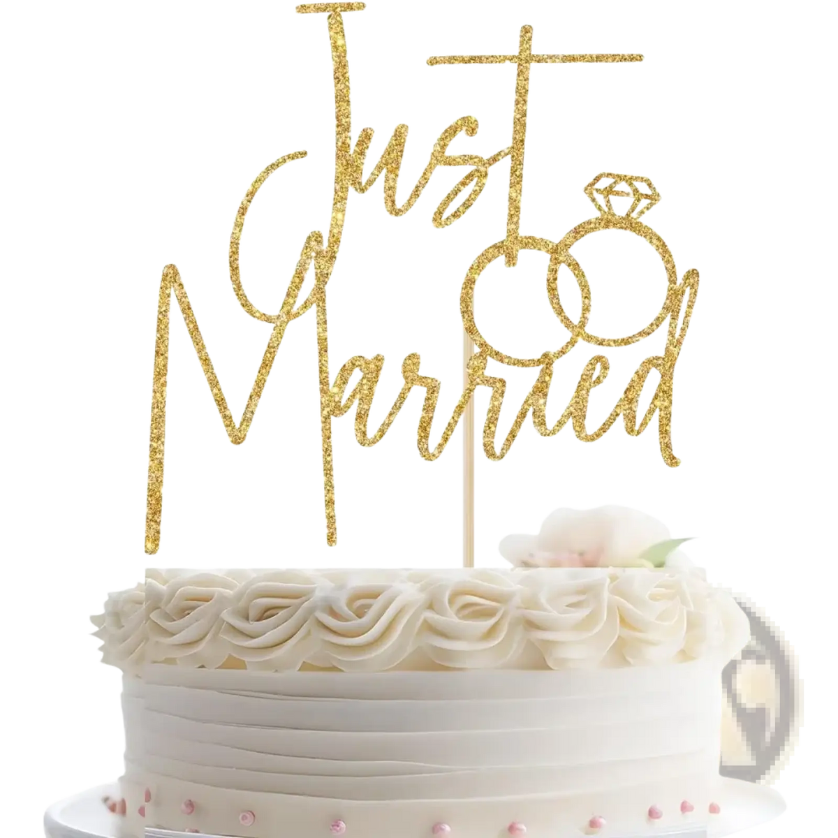 Just married gold glitter cake topper with interlocking rings design for wedding celebration decor