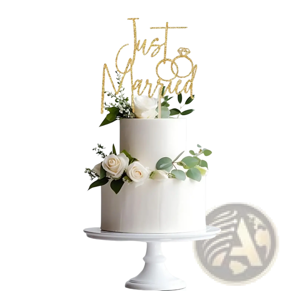 Just married gold glitter cake topper with ring design decorated with greenery and white roses for wedding cakes