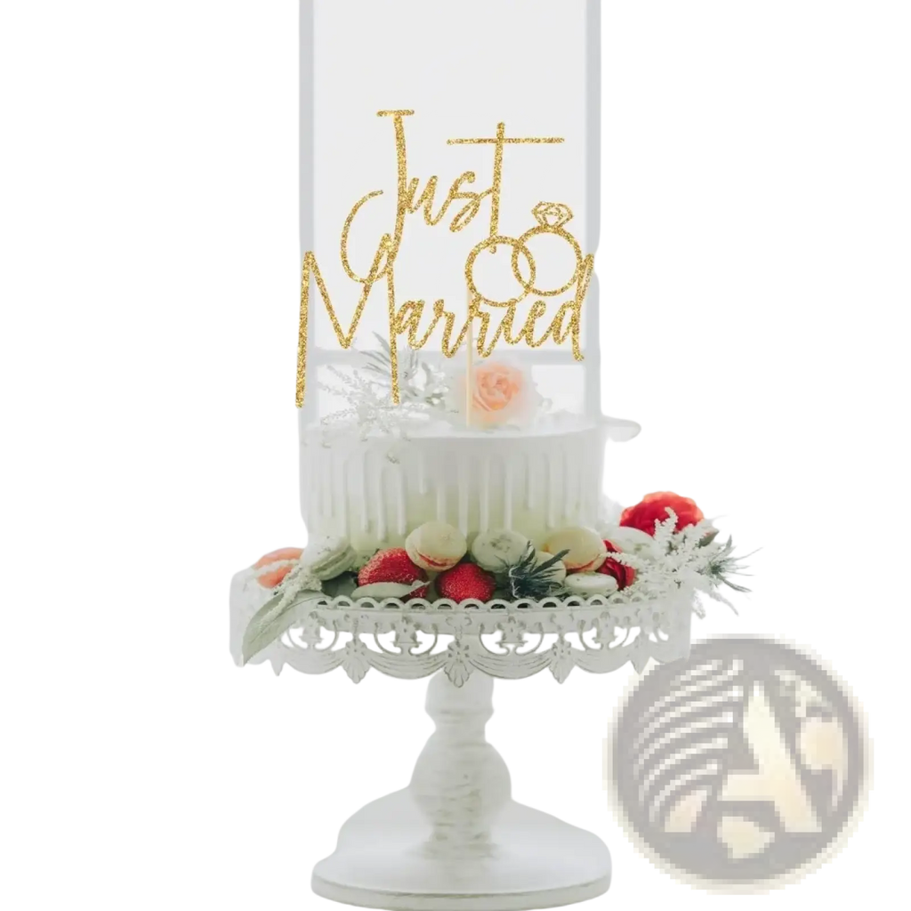 Just married gold glitter cake topper featuring a ring design for wedding cake decoration