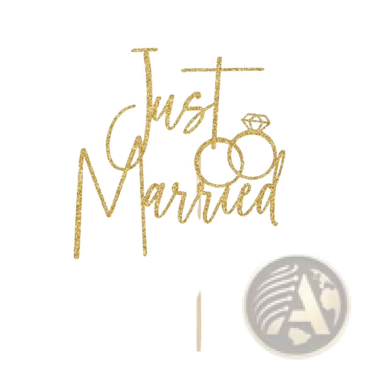 Just married gold glitter cake topper with interlocking rings and diamond ring design for wedding cakes