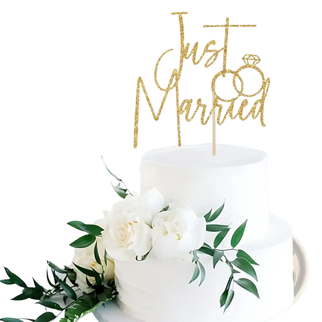 Just married gold glitter cake topper featuring a diamond ring design for wedding celebration cakes