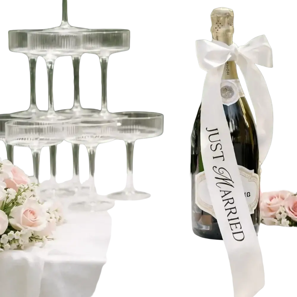 Just married wine bottle ribbon wedding decor featuring a dark green bottle with a white satin bow and vertical text