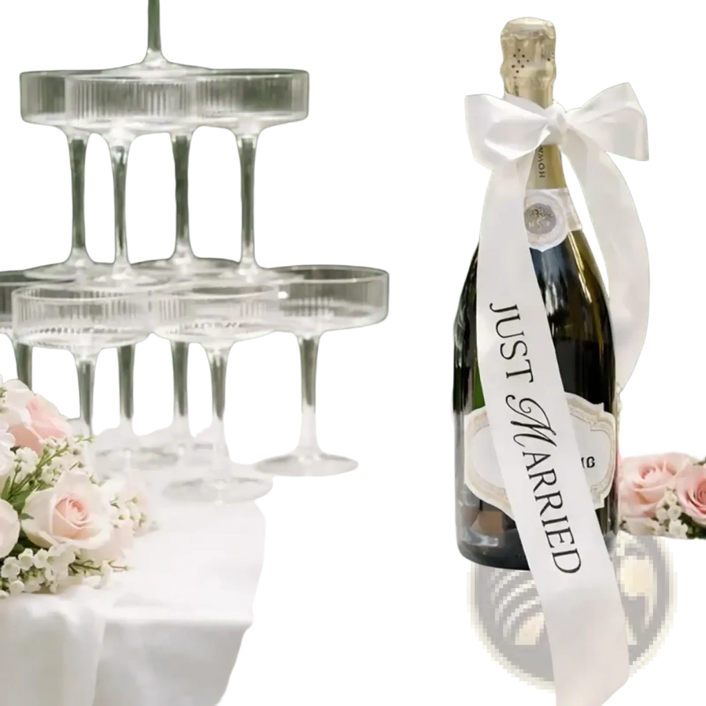 Just married wine bottle ribbon wedding decor featuring a dark green bottle with a white satin bow and vertical text