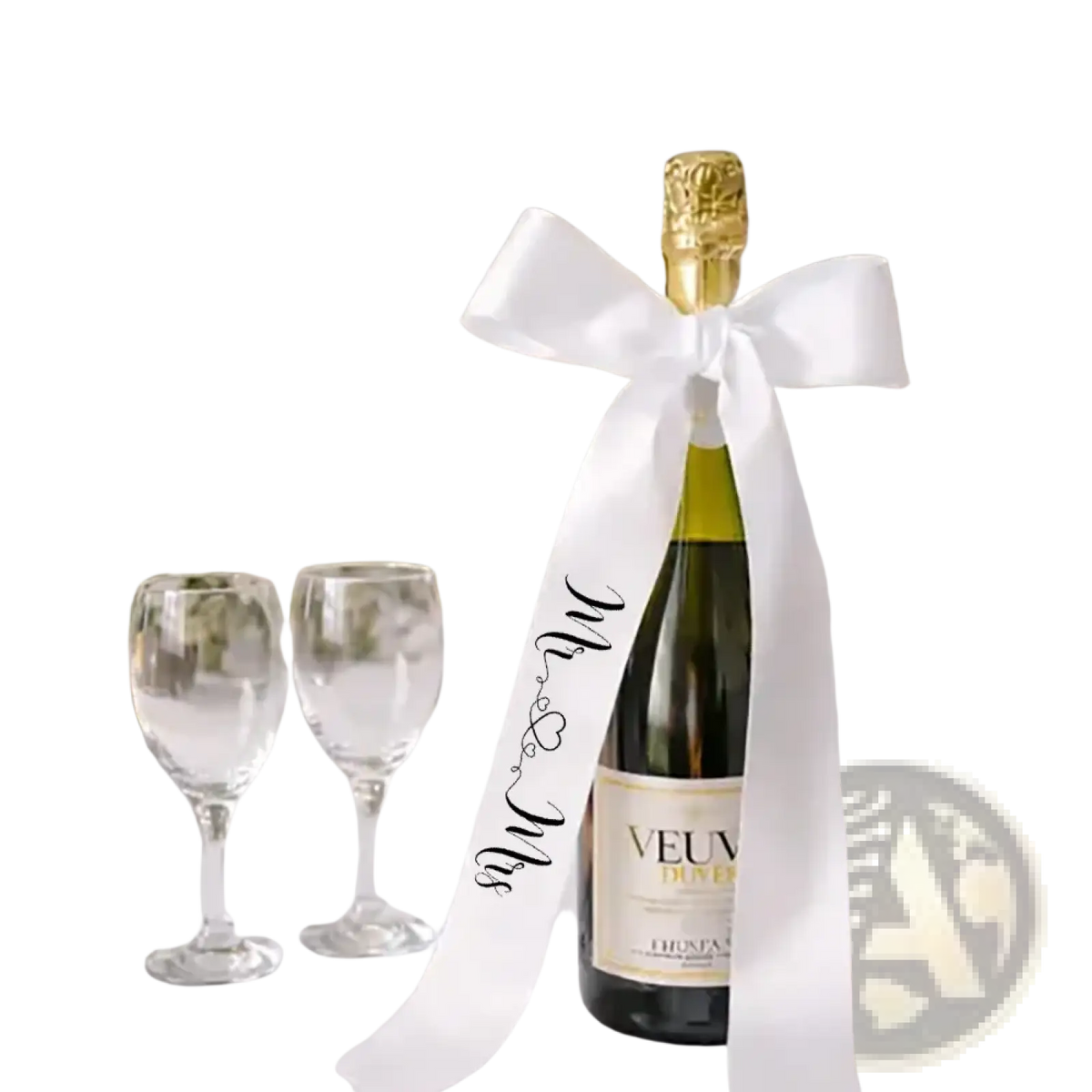 A bottle of veuve clicquot champagne with a white satin just married ribbon featuring mr and mrs script