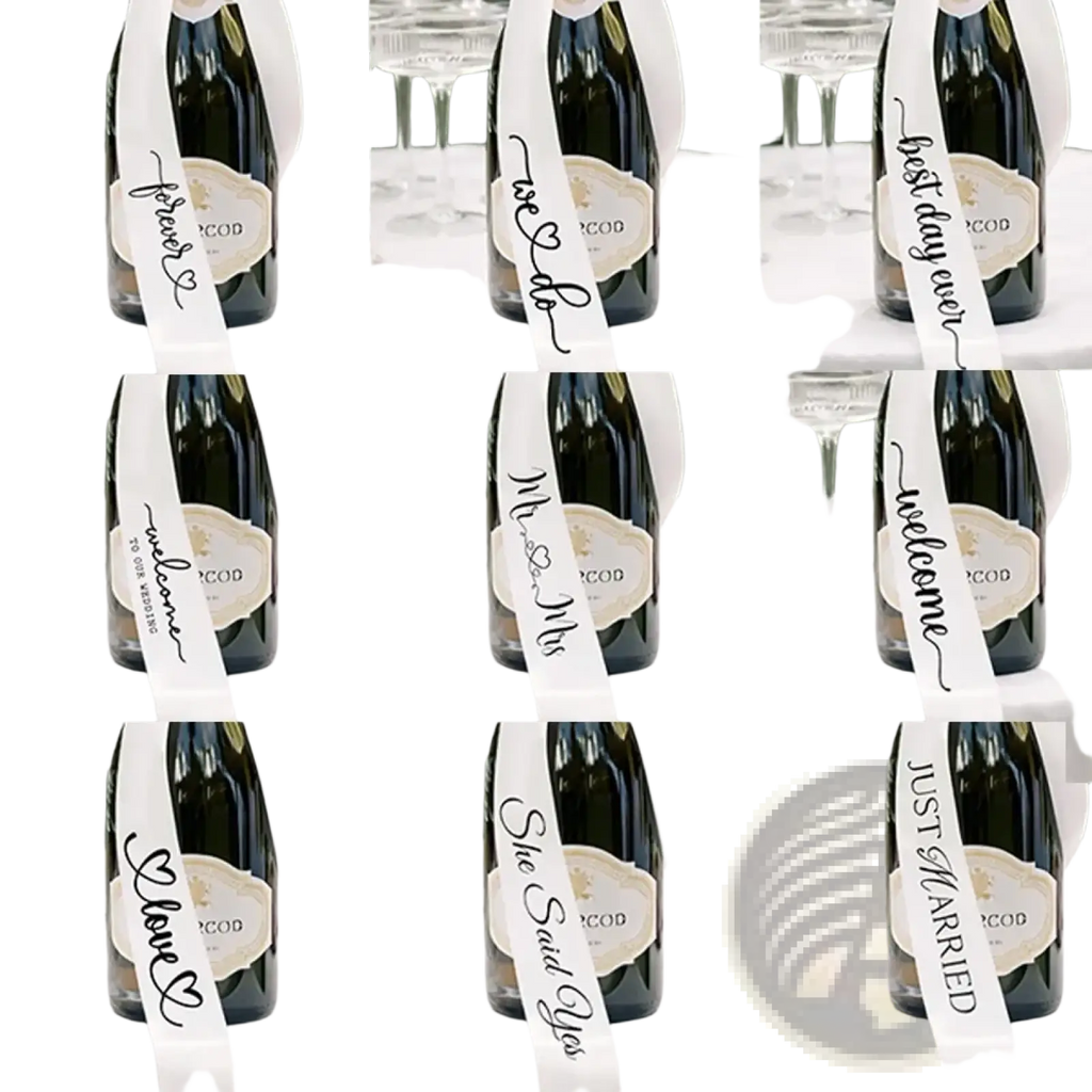 Just married wine bottle ribbon wedding decor featuring white satin with black cursive script and heart motifs on dark green bottles