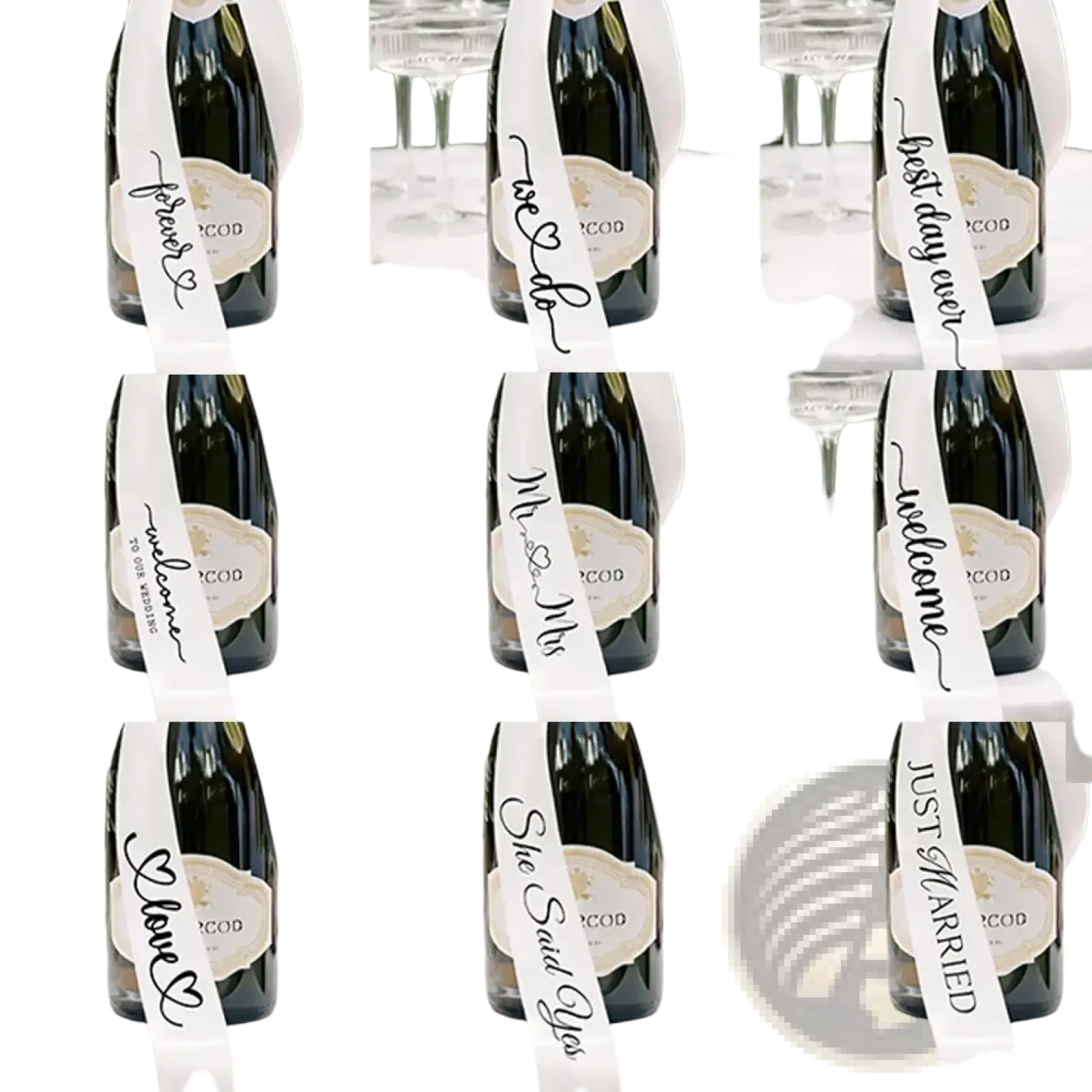 Just married wine bottle ribbon wedding decor featuring white satin with black cursive script and heart motifs on dark green bottles