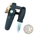 Mars Madam olive green edc pocket knife with black handled silver blade and textured grip displayed with black sheath on wood