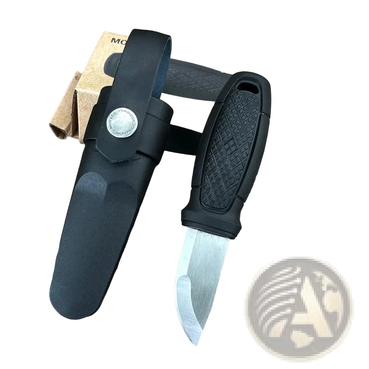 Mars Madam olive green edc pocket knife with black handled silver blade and textured grip displayed with black sheath on wood