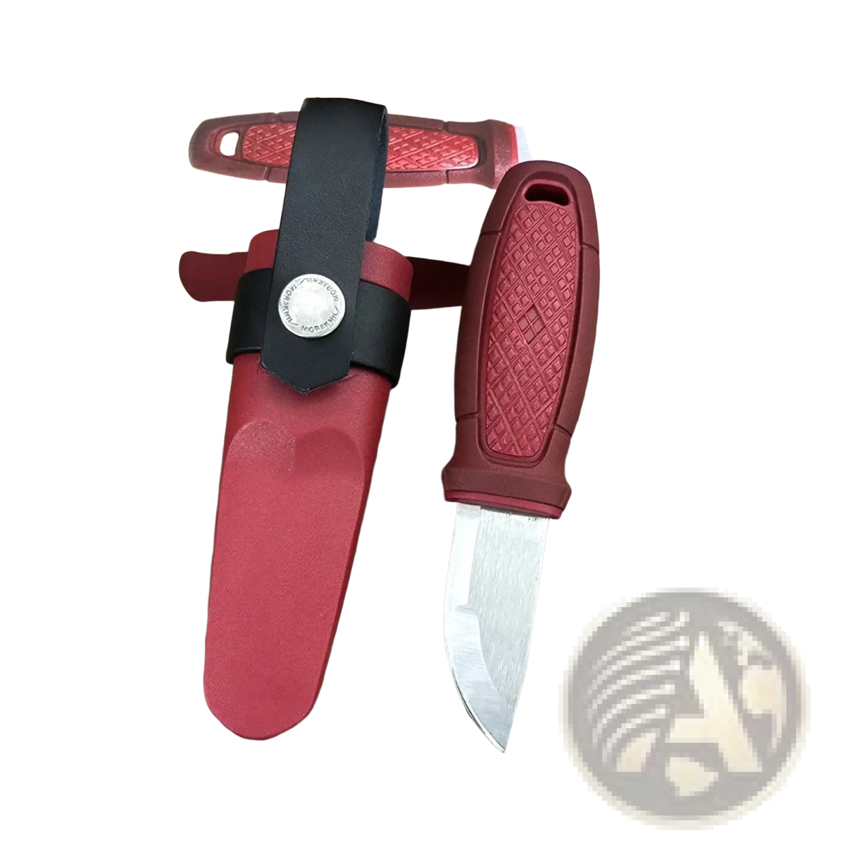 Mars Madam olive green edc pocket knife with red textured handle, silver blade, and black leather sheath