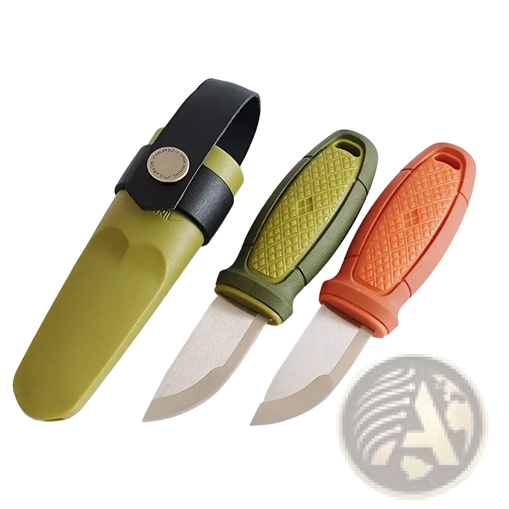 Mars Madam olive green edc pocket knife with orange plastic handles textured grips and one in a black leather sheath
