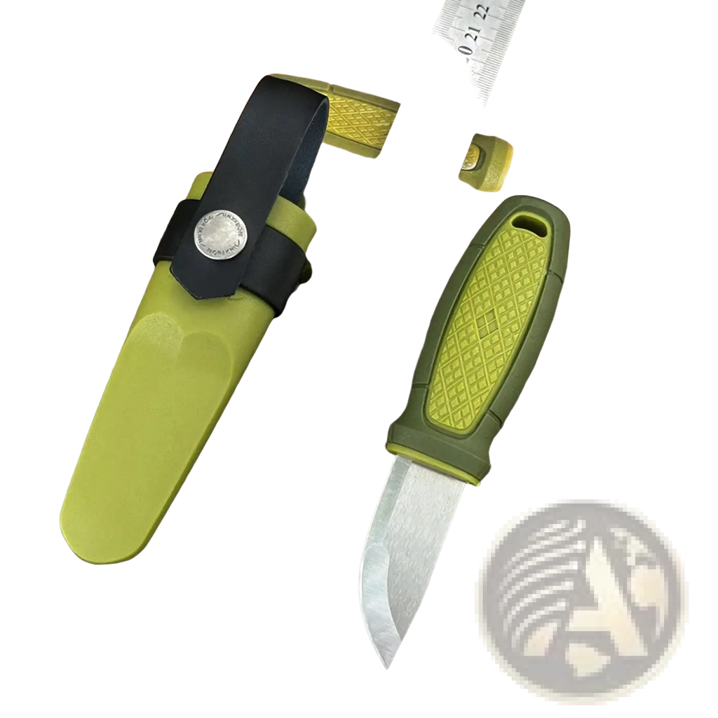 Mars madam olive green edc pocket knife with plastic handle black leather strap and matching sheath on wooden surface