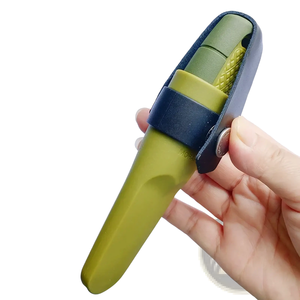 Mars Madam olive green edc pocket knife with textured grip and black leather sheath for tactical use