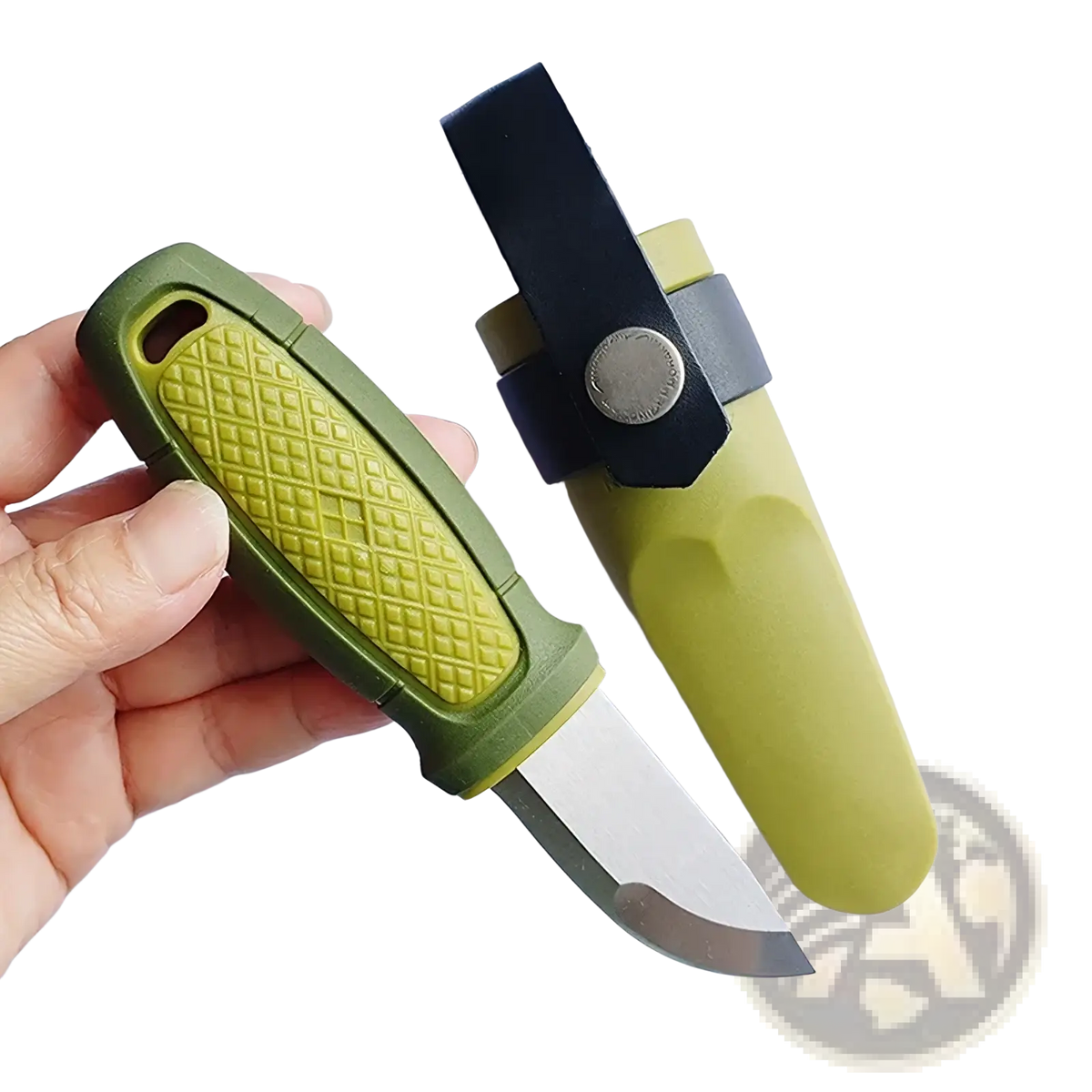 Mars madam olive green edc pocket knife with olive green textured grip and curved stainless steel blade with sheath