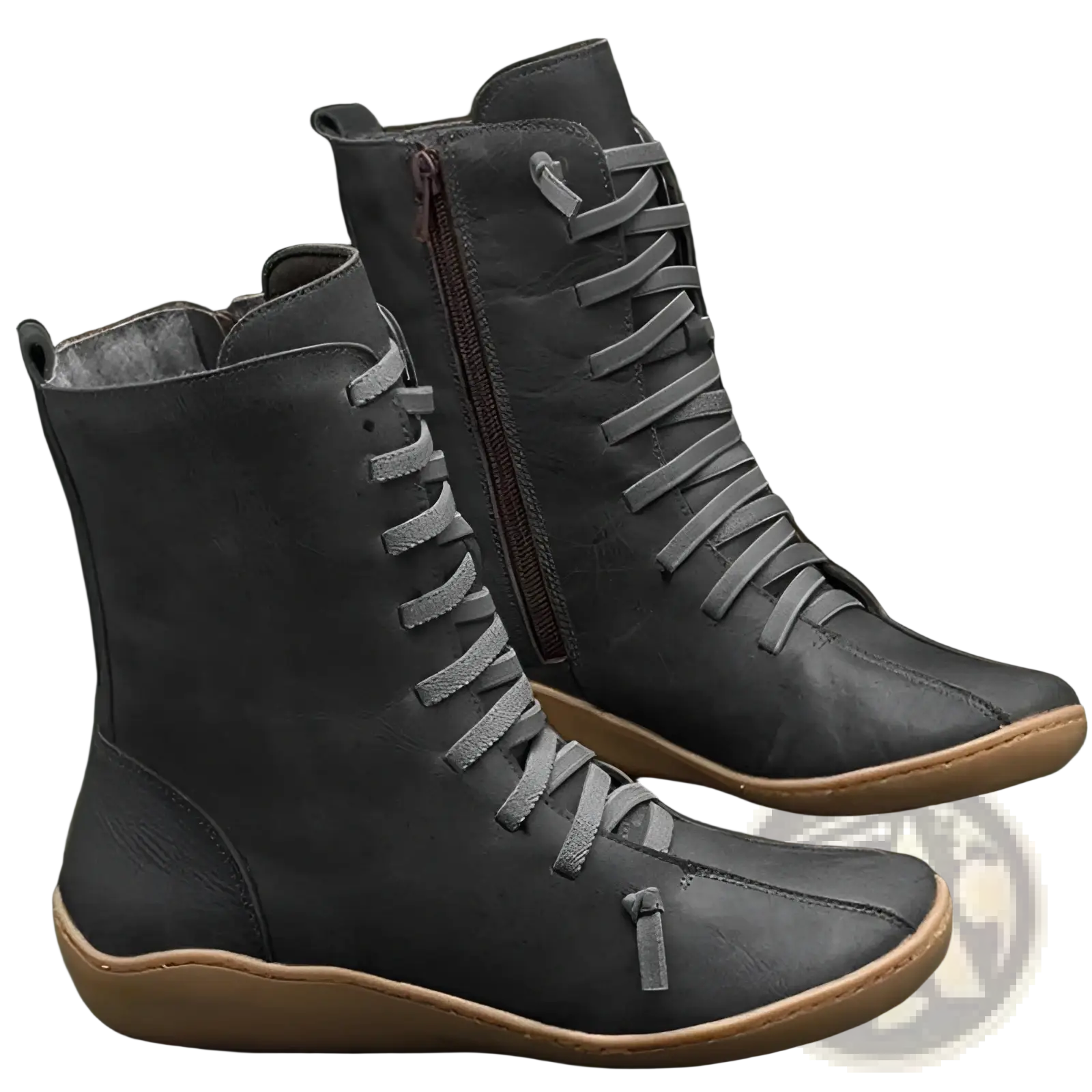 Dark gray suede martin boots with lace-up front, inner zipper, and tan rubber sole ankle shoes