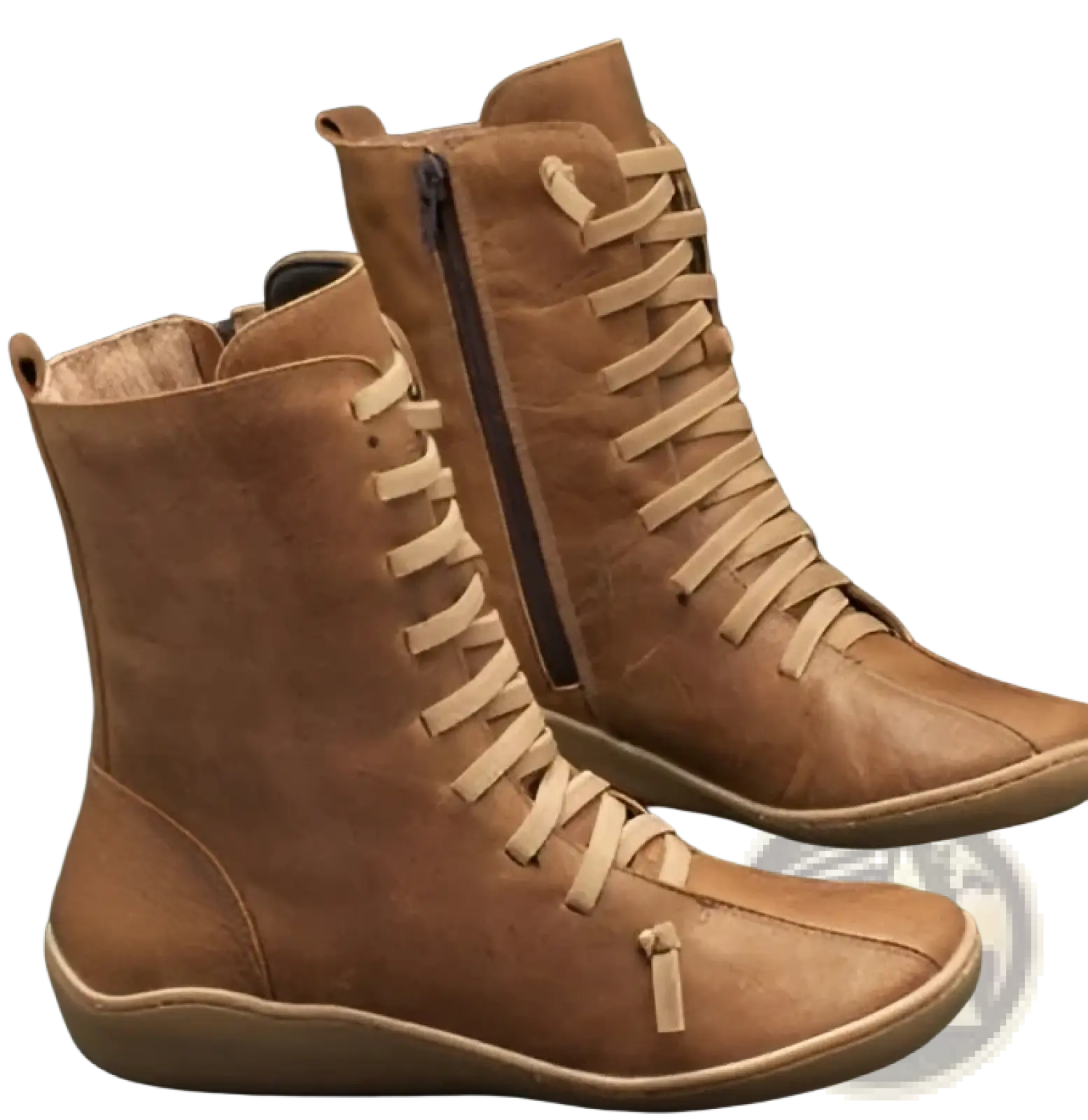 Tan leather martin boots suede lace up zipper ankle shoes with beige laces and inner side zipper closure