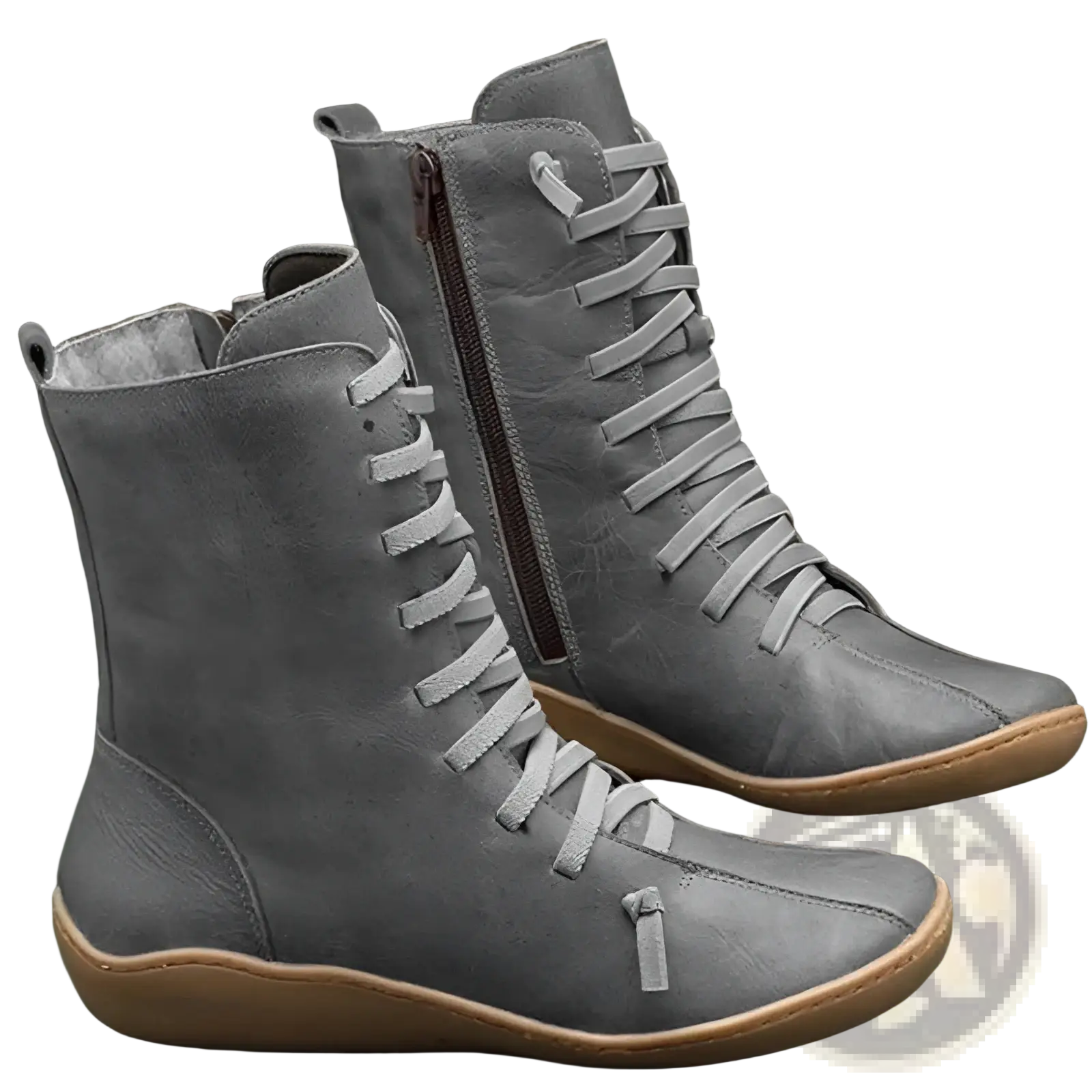 Martin boots suede lace up zipper ankle shoes in gray with a tan rubber sole and inner side zipper
