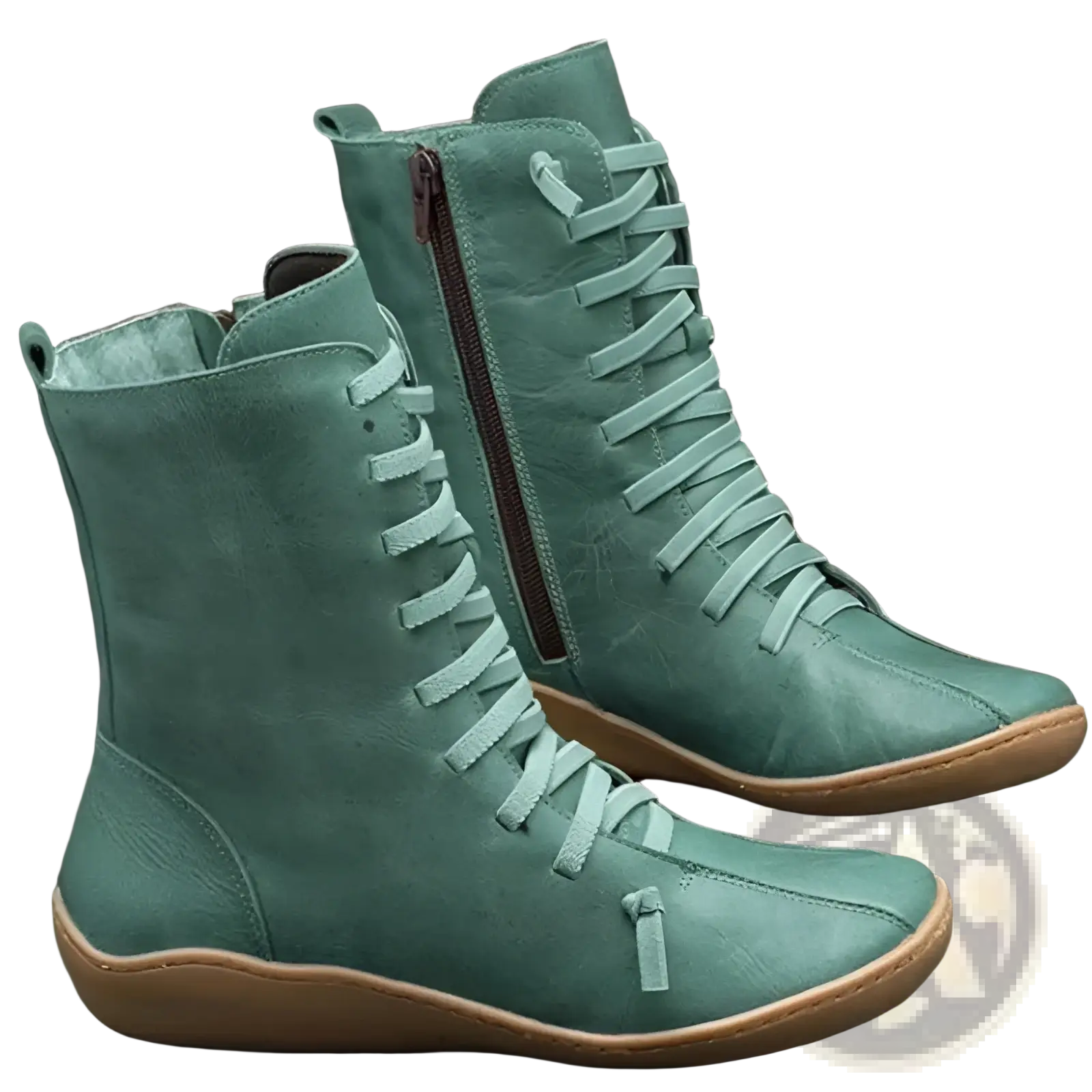 Teal suede martin boots lace up ankle shoes with brown zipper and light tan rubber sole for casual wear