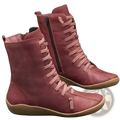 Dusty rose suede martin boots with lace-up front, inner side zipper, and light tan rubber soles ankle shoes