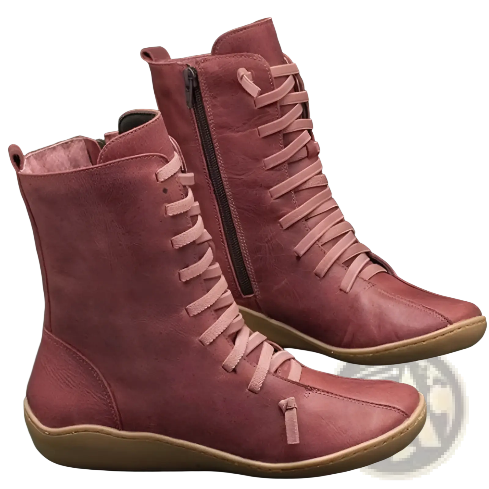 Dusty rose suede martin boots with lace-up front, inner side zipper, and light tan rubber soles ankle shoes