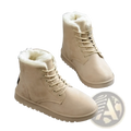 Beige suede martin boots for women with plush white fur lining and matching laces ideal for winter wear