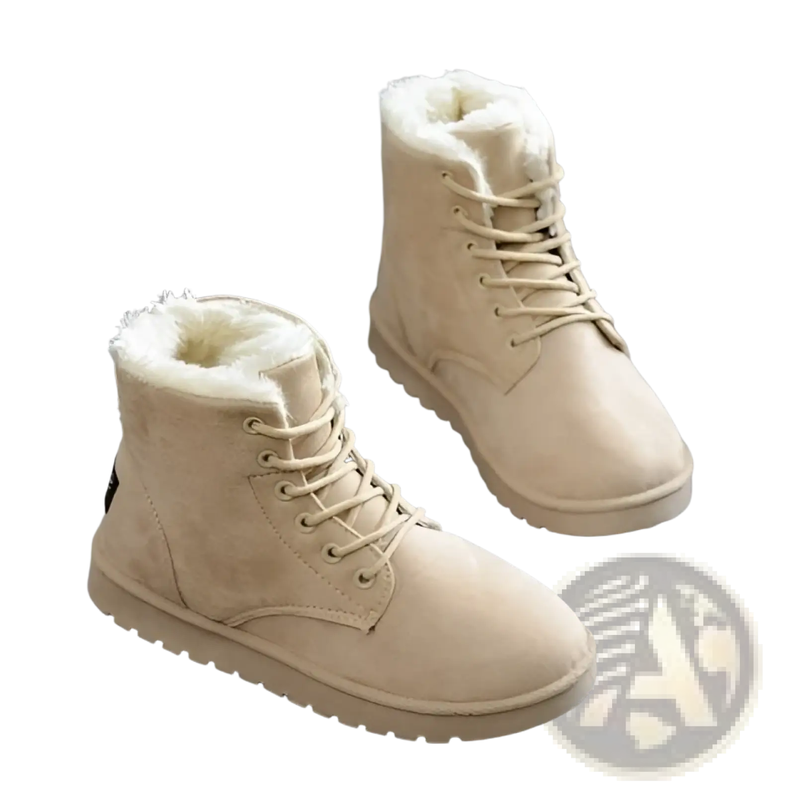 Beige suede martin boots for women with plush white fur lining and matching laces ideal for winter wear