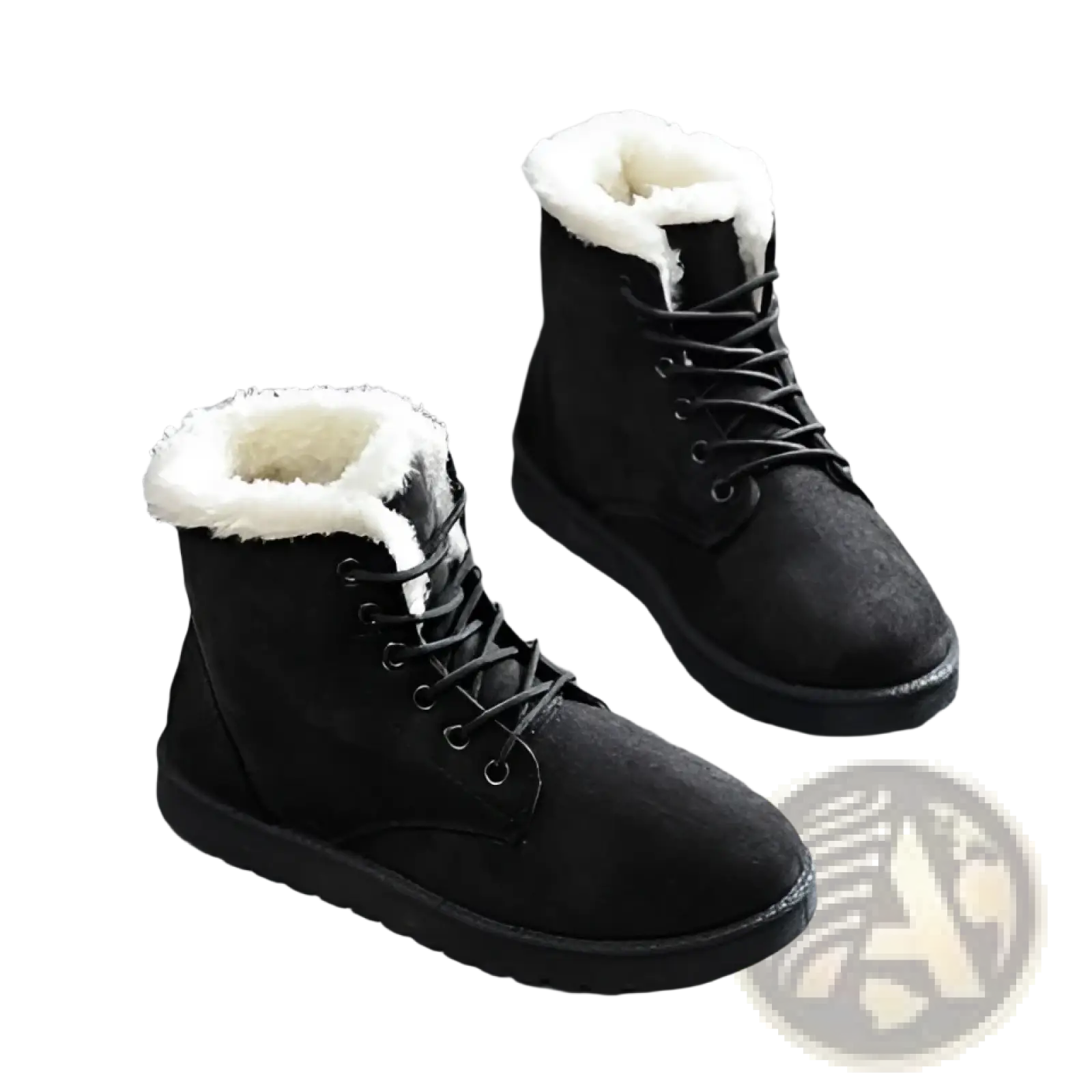 Black suede martin boots for women with plush white faux fur lining and black laces for winter use