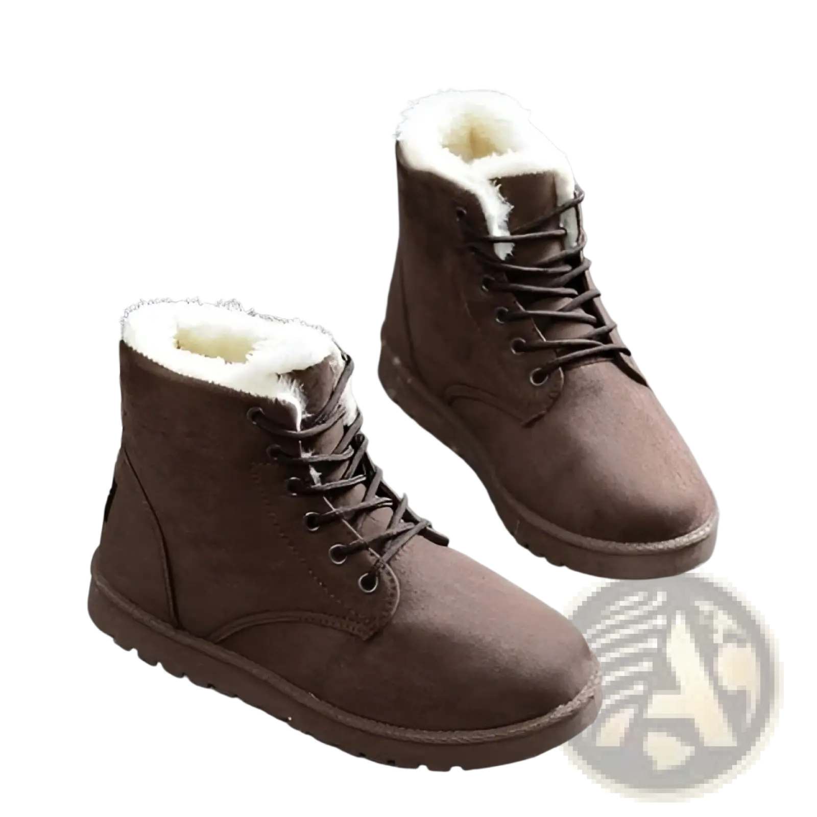 Brown suede martin boots for women with white fluffy fur lining and dark brown laces designed for winter use