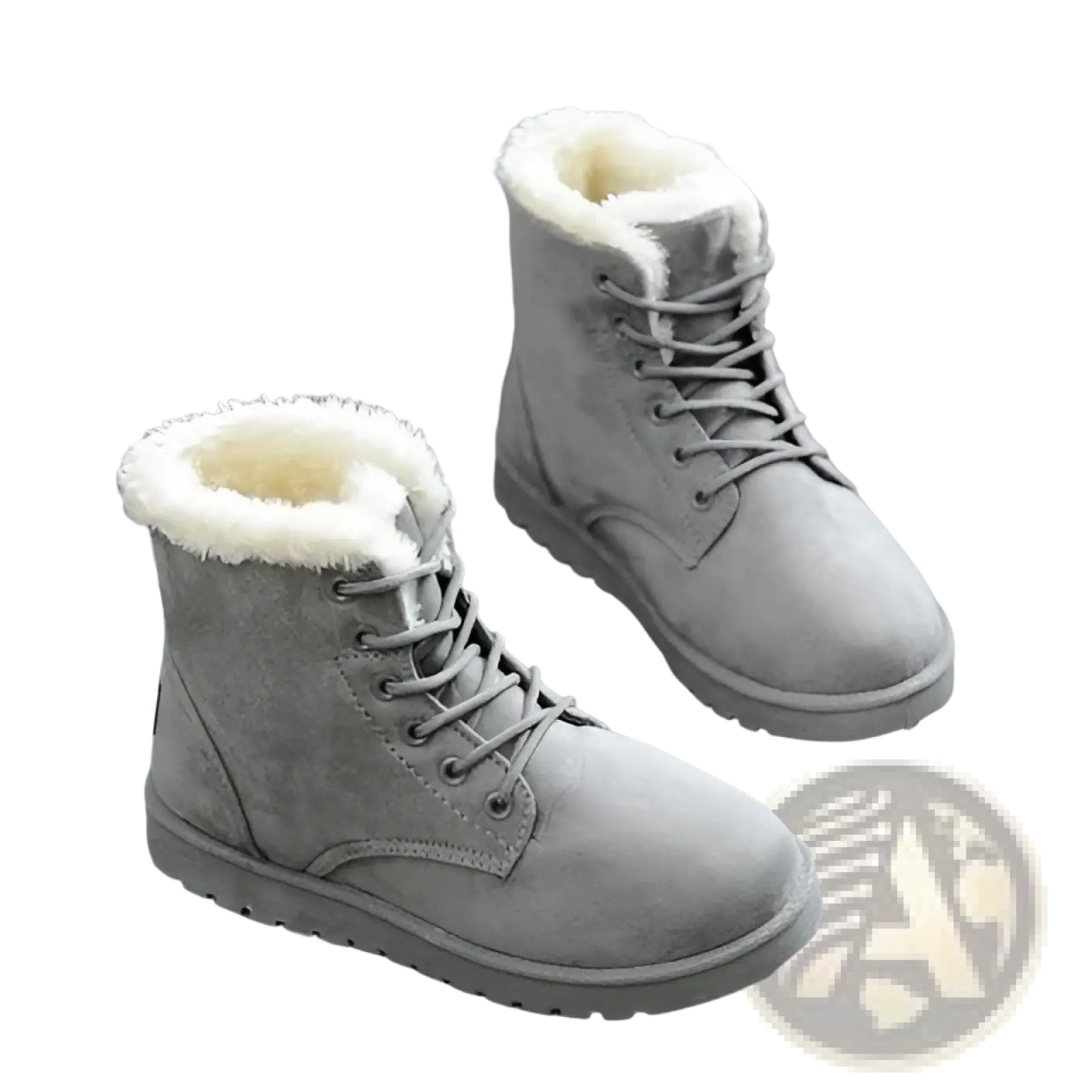Gray suede martin boots for women with fluffy white fur lining and matching laces perfect for winter wear