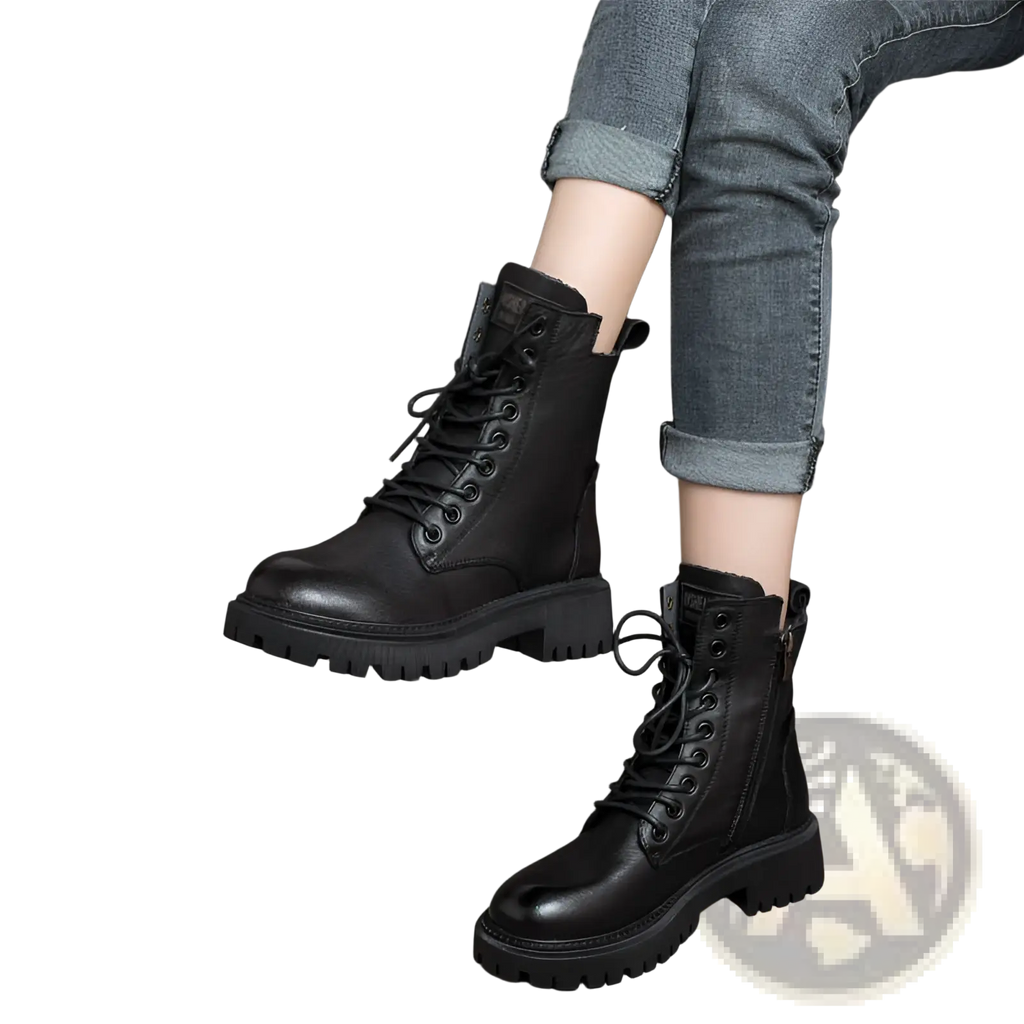 Martin boots women’s black leather chunky lace up combat boots with side zipper and durable sole