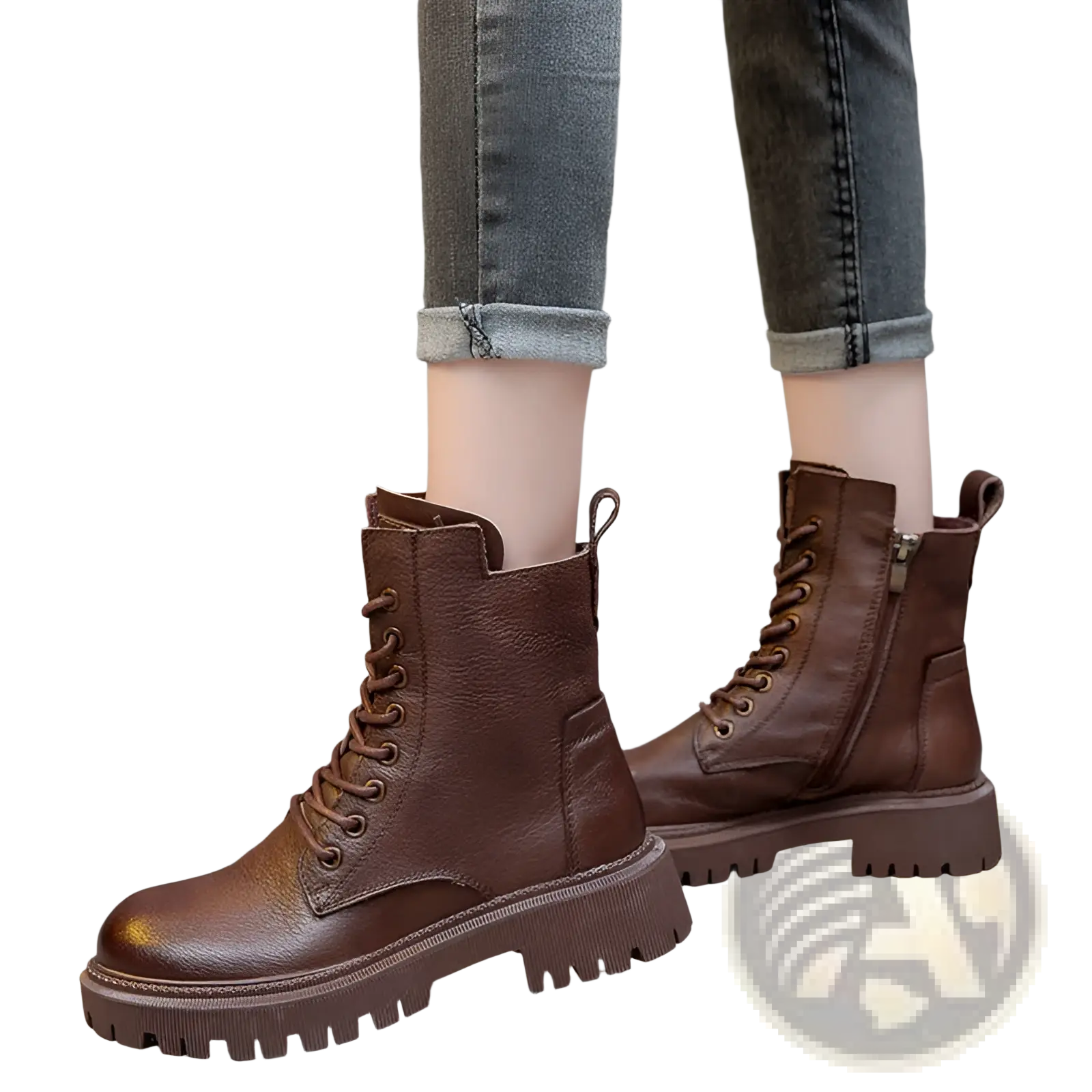 Martin boots women’s brown leather chunky lace up combat boots with side zipper and durable sole