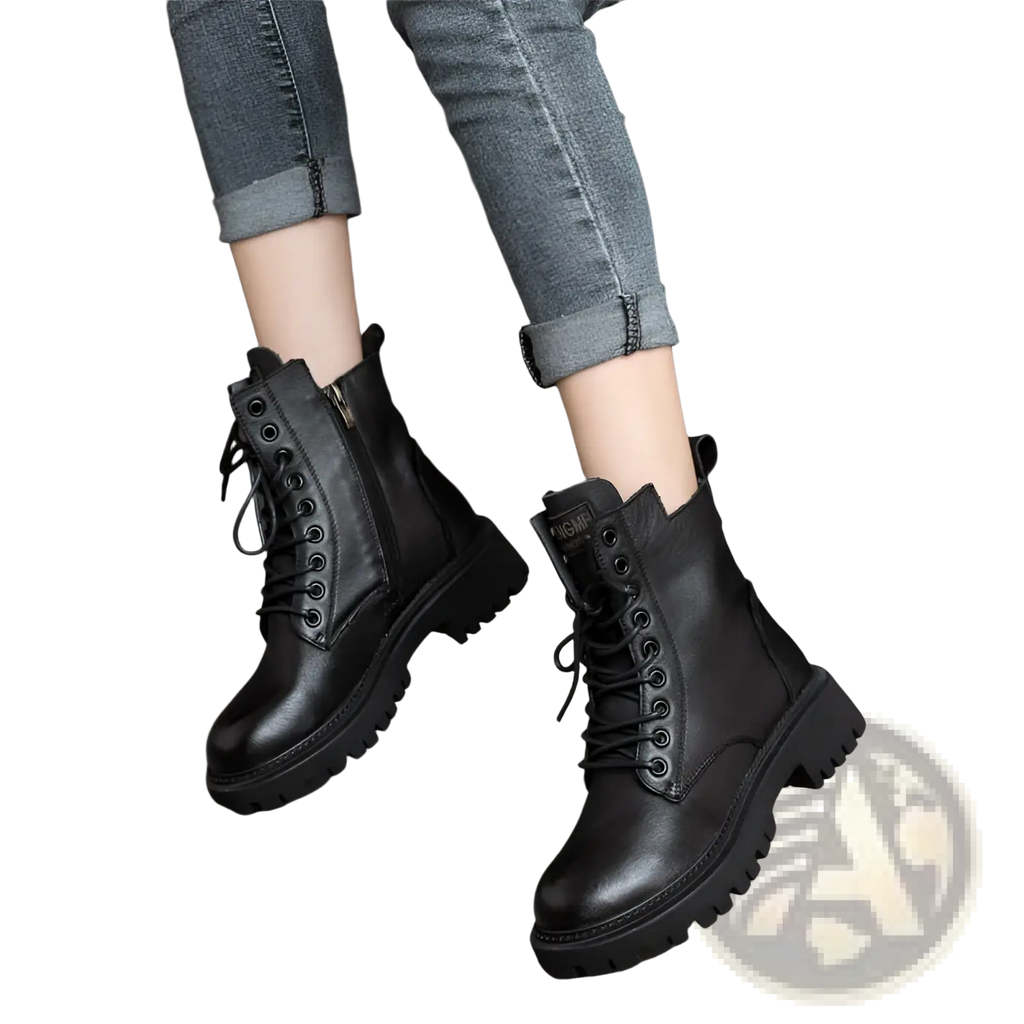 Black leather Martin boots women’s chunky lace up combat boots with sturdy sole for durable wear