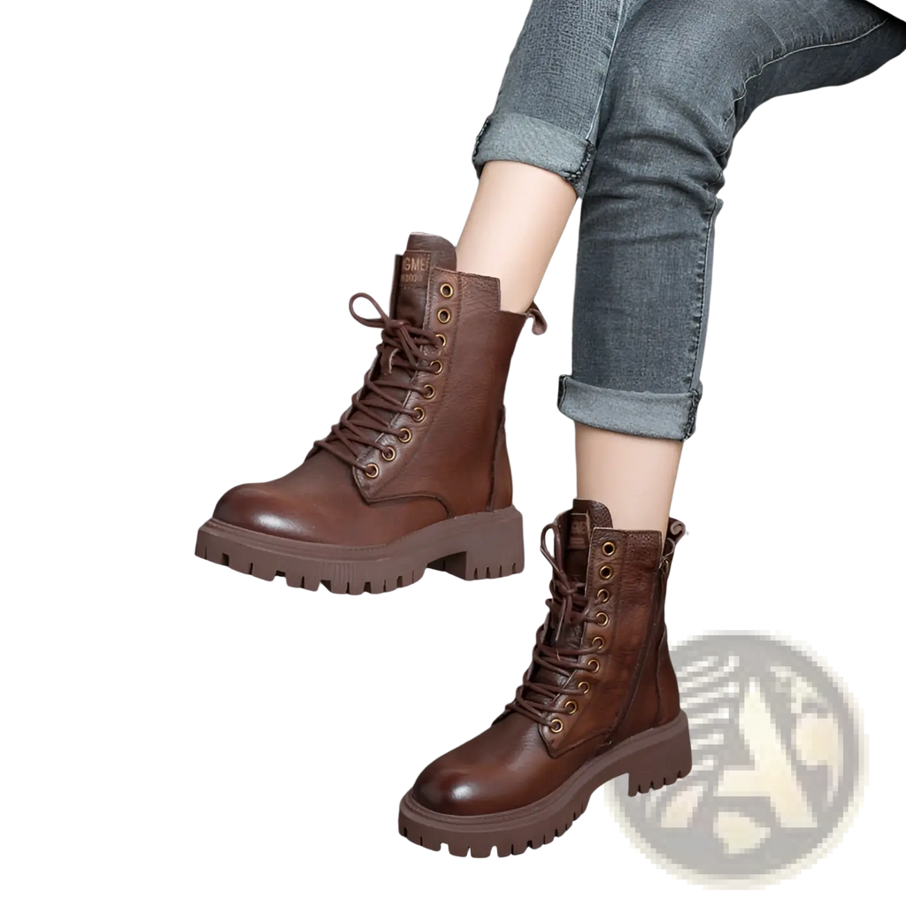 Martin boots women’s brown leather chunky lace up combat boots with side zipper and durable sole