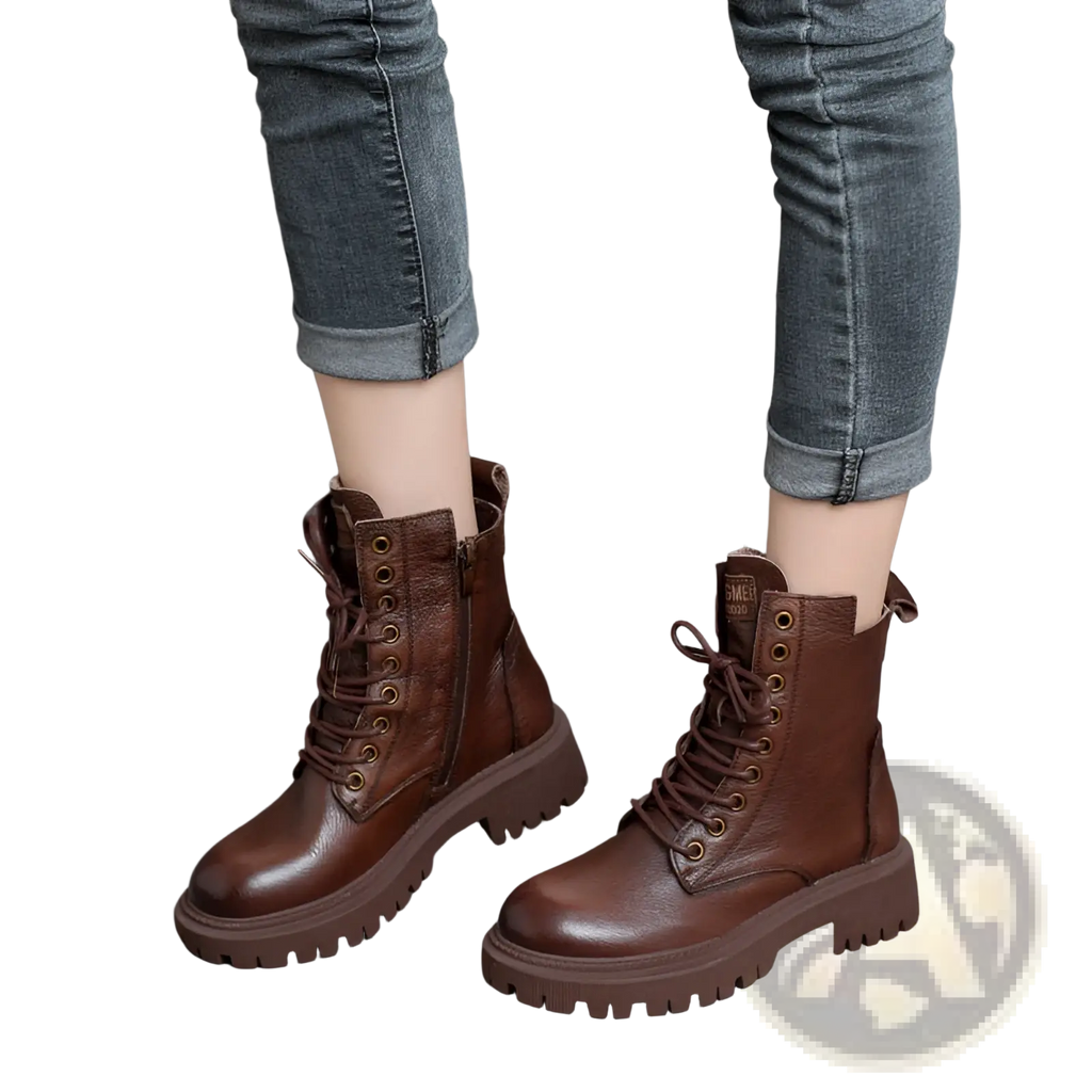 Martin boots women’s brown leather chunky lace up combat boots with side zipper and rugged sole