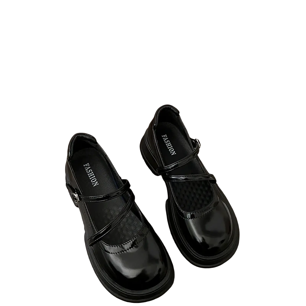 Black patent leather mary jane chunky platform shoes with a thick sole and adjustable strap for stylish wear